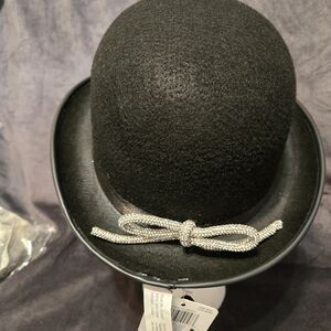 Ladies Black Bowler Hat with Silver Bow Accent New With Tags One Of A Kind